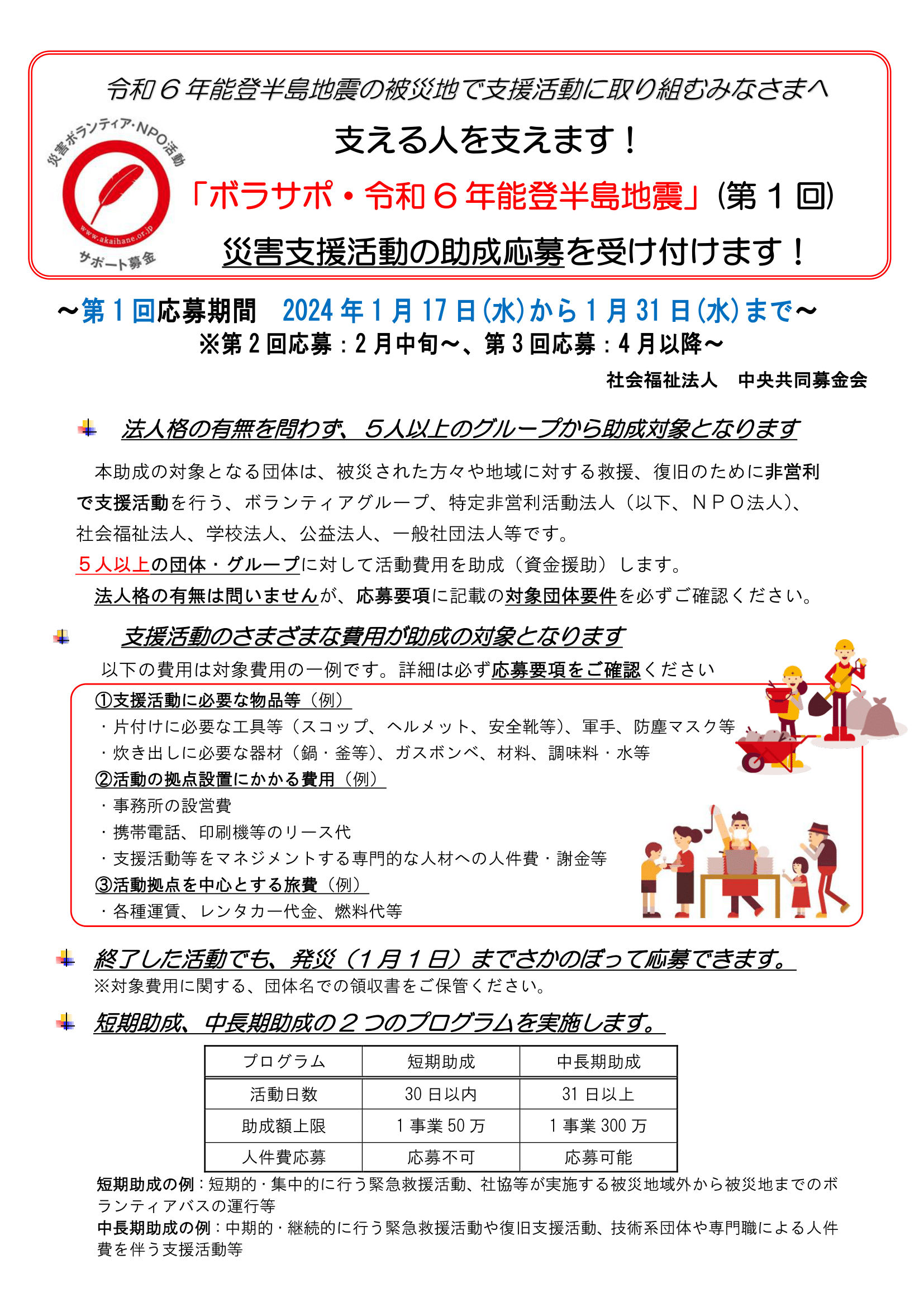 「災害ボランティア・NPO活動サポート募金（ボラサポ・令和6年能登半島地震）」助成に関するお知らせ | 赤い羽根共同募金